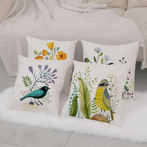 Vista 7 de Juego de 4 fundas de cojín decorativas con diseño de pájaros estilo primavera, funda para cojín decorativo, funda para cojín de exterior con flores