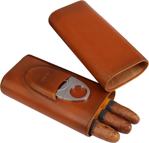 Vista 2 de AMANCY Premium Estuche de Cigarros de Cuero Marrón para 3 Dedos, Humidor de Cigarros Forrado de Madera de Cedro con Cortador de Acero Inoxidable