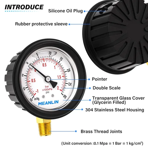 Vista 124 de MEANLIN MEASURE - Vacuómetro de presión de vacío de acero inoxidable, esfera con cara de 2.5 pulgadas, NPT de 1/8 de pulgada, montaje trasero