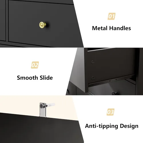 Vista 6 de Cómoda negra de 7 cajones para dormitorio, cómoda de madera de 55 pulgadas de ancho con asas doradas, organizador moderno y grande para sala