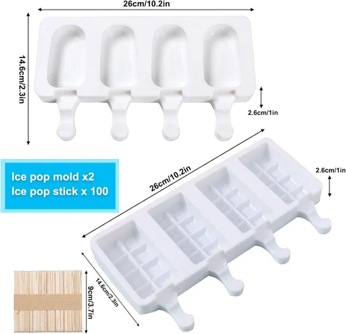 Vista 2 de 2 moldes para paletas, moldes de silicona grandes de 4 cavidades para tartas, moldes de helado para paletas de bricolaje con 100 palos de madera