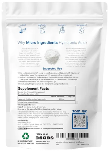 Vista 2 de Ácido hialurónico puro en polvo (alto peso molecular), de Micro Ingredients. Reduce las arrugas de la piel, 1