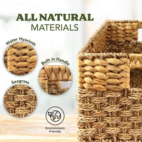 Vista 8 de Cesta de mimbre anidable de hierba marina y jacinto, multitamaño, paquete de 4, cestas de almacenamiento tejidas naturales para organizar la sala