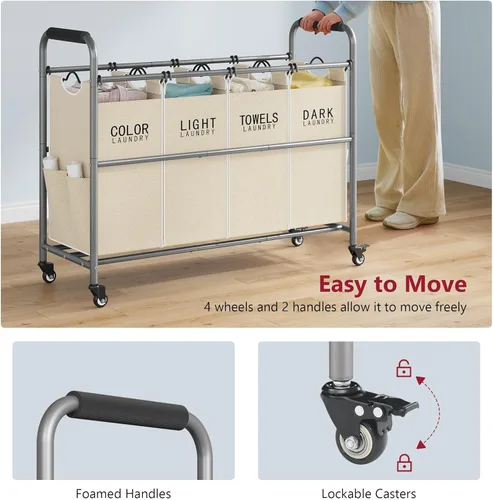 Vista 5 de Tajsoon Carrito clasificador de ropa sucia de 4 bolsas, clasificador de cestas de lavandería de 4 secciones con ruedas enrollables resistentes
