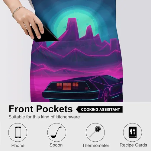 Vista 5 de MUSM Retrowave Pictures Apron，Classic Vintage Funny with Pockets Aprons,Adjustable Bib Waterdrop Resistant for Kitchen Cooking Restaurant BBQ