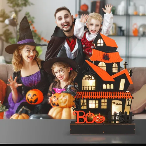 Vista 6 de Decoraciones de Halloween para interiores, luces de casa embrujada, decoración de mesa de madera para el hogar, funciona con pilas, decoración