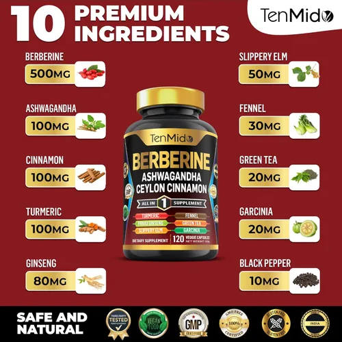 Vista 3 de Suplemento de berberina – Fórmula 10 en 1 con Ashwagandha, canela de Ceilán, cúrcuma, Panax Ginseng, olmo resbaladizo, hinojo, té verde y más