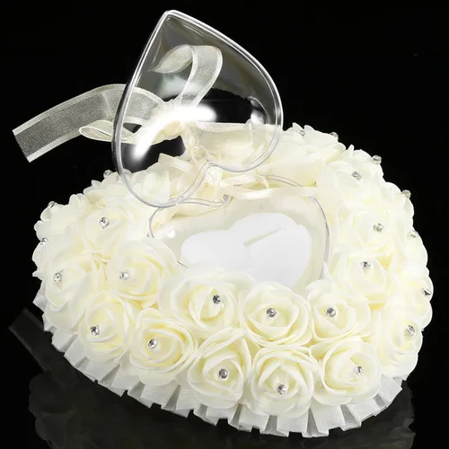 Vista 6 de GOTOTOP Almohada de boda, romántica de encaje de cristal rosa de boda en forma de corazón, cojín con cinta perla ceremonia de boda (blanco lechoso)