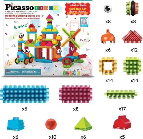 Vista 2 de PicassoTiles Juego de 120 piezas de bloques de construcción entrelazados de erizo, azulejos de construcción, juego de aprendizaje, desarrollo