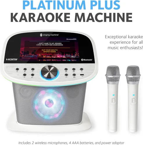 Vista 5 de Singing Machine Platinum Plus – Máquina de Karaoke Wi-Fi para Adultos y Niños con 2 Micrófonos Inalámbricos, Altavoz Bluetooth para Fiestas, Efectos