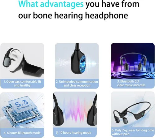 Vista 8 de Auriculares auditivos de conducción ósea, auriculares inalámbricos de oído abierto con micrófono de captación de sonido HD para conversaciones