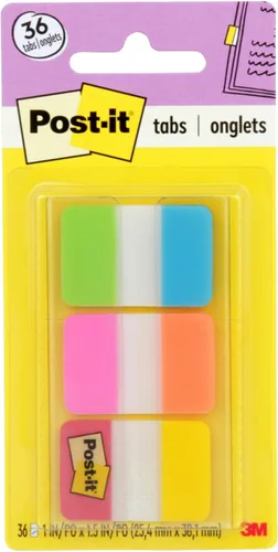 Post-it Tabs Anotador, 1 pulgada de color sólido, aguamarina, amarillo, rosa, rojo, verde, naranja, 6 por color, 36 por dispensador (686-ALOPRYT)