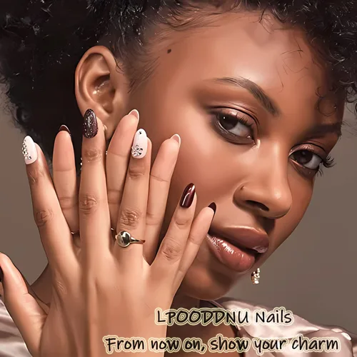 Vista 7 de LPOODDNU 24 uñas postizas cuadradas cortas, diseño de hoja verde lago, uñas acrílicas brillantes de cobertura completa, material ABS, para mujer