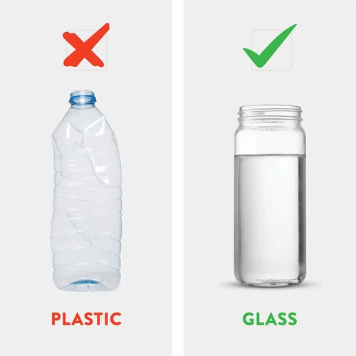Vista 8 de Botella de vidrio portátil para viajes (16 onzas), paquete de 6 botellas reutilizables con tapas herméticas de plástico para jugo, batidos, té