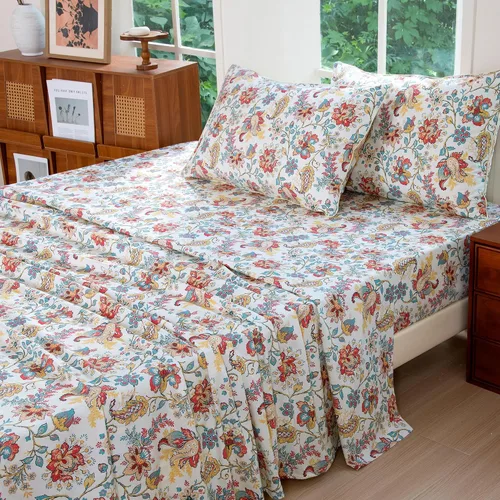 Vista 52 de FADFAY - Juego de sábanas tamaño individual, diseño floral en color beige, elegante, estampado de peonías, colección de ropa de cama vintage, 100%