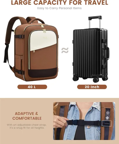 Vista 3 de LOVEVOOK - Mochila de viaje para mujer, mochila de 40 l para llevar en avión, Beige-Marrón