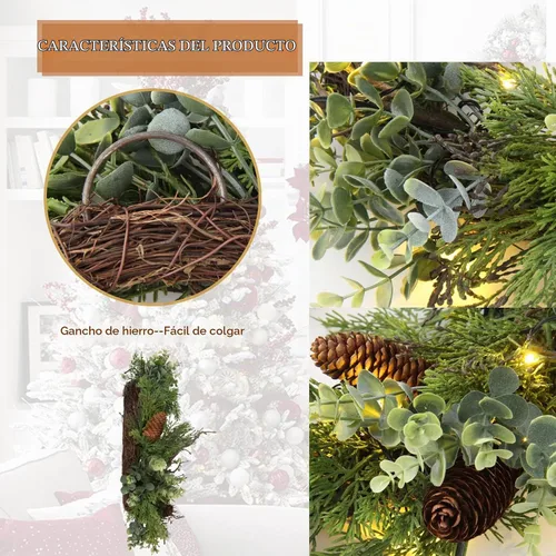 Vista 2 de Corona de Navidad preiluminada para puerta delantera, corona verde decorada con conos de pino, racimos de bayas, ramas de ajuste abundante, coronas