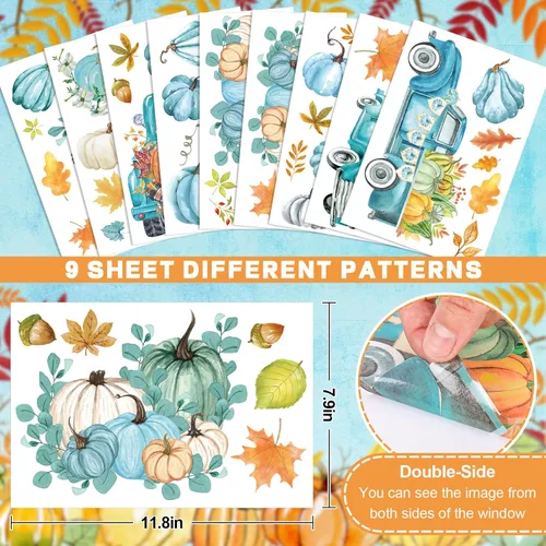 Vista 2 de Whaline 9 hojas de calcomanías de otoño para ventana, calabazas de acuarela de doble cara, calabazas azules, hojas de arce, camiones, calcomanías
