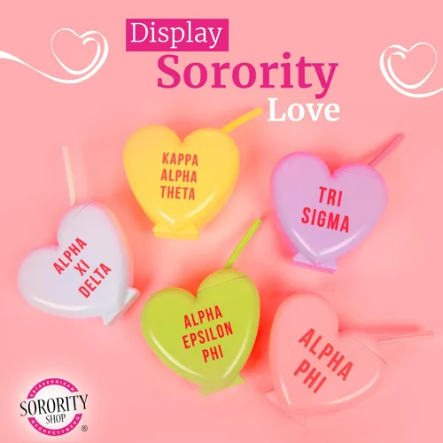 Vista 6 de Sorority Shop Chi Omega - Vaso con popote en forma de corazón de caramelo de 16 onzas con tapa y popote de silicona, vaso de plástico reutilizable