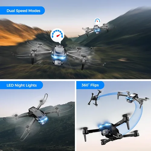 Vista 10 de Dron con cámara - Drone con pantalla en el controlador para principiantes, cuadricóptero de control remoto plegable con control de gestos, giro 3D