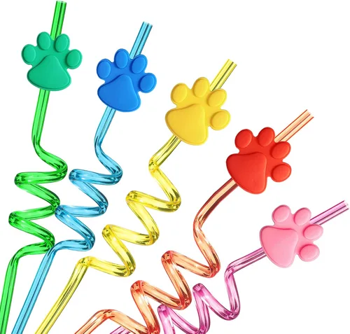 24 Paw Birthday Party Supplies Paw Print Drinking Straws with 2 PCS Straws Patrol Cleaning Brush for Pet Dog Puppy Pals Cat Birthday Decorations