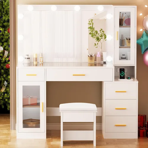 Vista 7 de BEWISHOME Tocador Grande de 49.2" con Espejo y Luces, Mesa de Maquillaje Blanca con Superficie de Vidrio, Taburete, Escritorio de Maquillaje