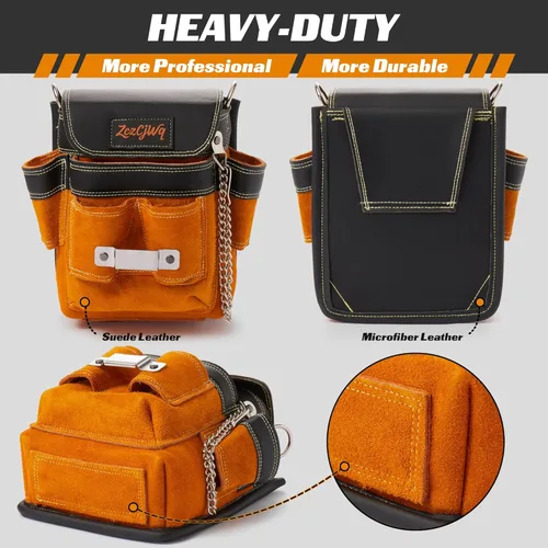 Vista 4 de Bolsas de cinturón de herramientas de cuero de 9 bolsillos, cinturón de herramientas resistente con hombro ajustable, bolsas multiusos