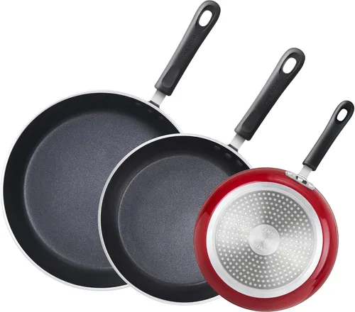 Cook N Home Juego de sartenes antiadherentes de 3 piezas, 8, 9.5, 11 pulgadas, sartén de cocina para saltear compatible con inducción, mármol rojo