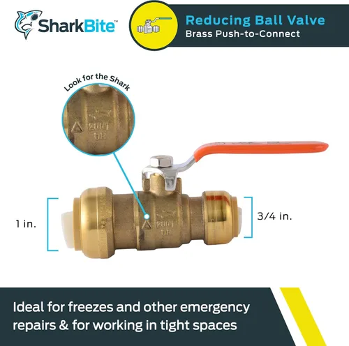 Vista 2 de SharkBite 1 x 3/4 en PTC, válvula de bola reductora, conexión de plomería de cierre de agua de latón de empuje para conectar, 22993LF