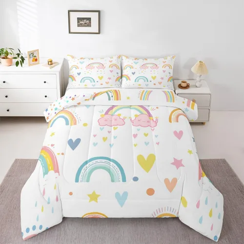 Erosebridal Juego de edredón arcoíris de 2 piezas, edredón de nube de dibujos animados kawaii iridiscente individual para niños, niñas, mujeres,