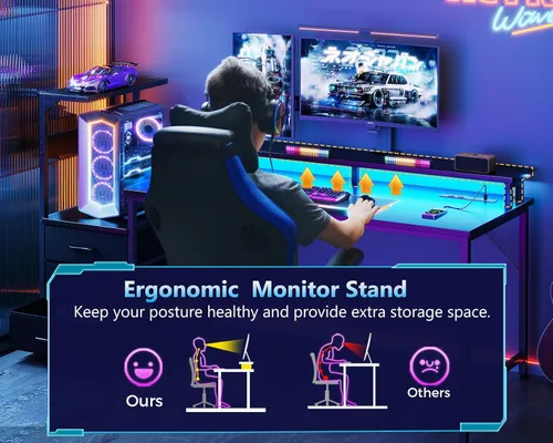 Vista 7 de AODK Escritorio para juegos de 52 pulgadas con puertos de carga USB y luz LED, escritorio reversible para computadora con estantes de almacenamiento