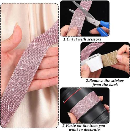 Vista 5 de 4 rollos de cinta autoadhesiva de diamantes de imitación con cristales brillantes con pedrería de 2 mm para manualidades, bodas, cumpleaños, Rosa