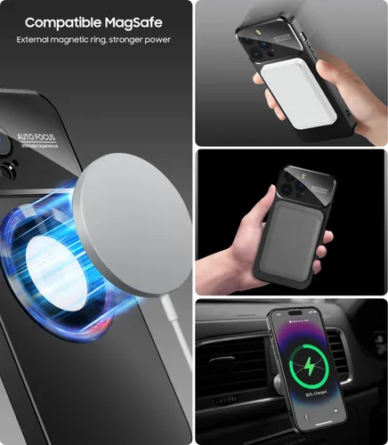 Vista 3 de MAKAVO Funda magnética para iPhone 12 Pro, compatible con MagSafe, protector de lente de cámara integrado, vista de logotipo, funda de teléfono a