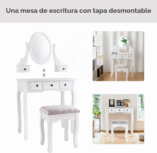 Vista 4 de Set de mesa de tocador Giantex con 8 bombillas y interruptor táctil, mesa de maquillaje para niñas princesa con espejo redondo grande, 2 cajones
