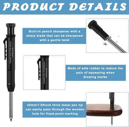 Vista 3 de Colarr 10 lápices de carpintero mecánico con 60 recambios de agujeros profundos marcadores mecánicos con sacapuntas negro sólido para carpintería