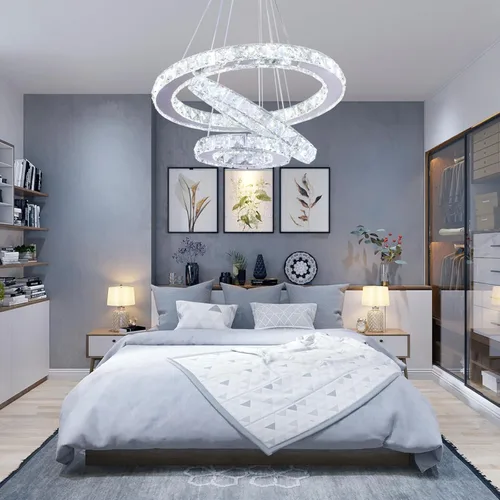 Vista 7 de Moderna araña de cristal con 3 anillos redondos, lámpara colgante ajustable de acero inoxidable, iluminación LED para techo, lámpara de cristal
