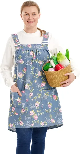 Vista 15 de Delantales sin lazos para mujer, talla grande, con bolsillos, de algodón, lino, para hornear, cocina, cocina