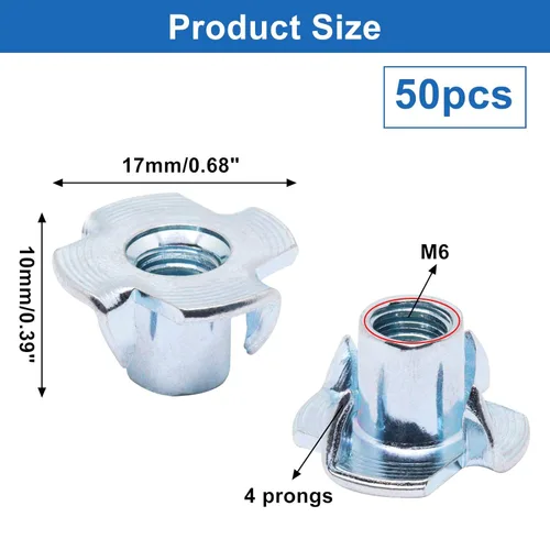 Vista 2 de Tuercas en T M6 50 Piezas Insertos Roscados Tuercas en T, Acero Cincado 4 Puntas Tuercas en T para Madera, Presas de Escalada en Roca, Gabinetes