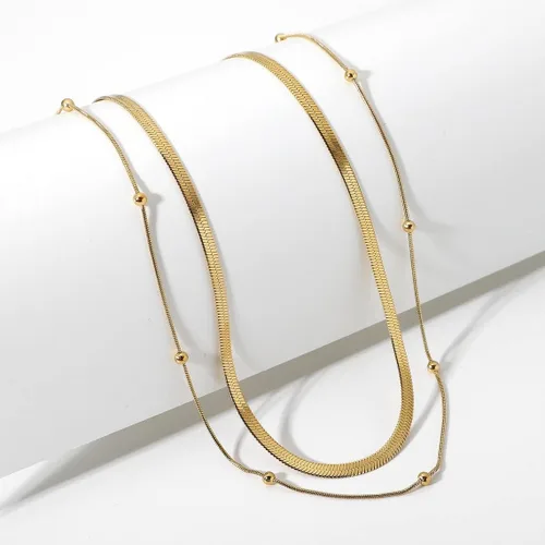 Vista 6 de Tasiso 14K Gold Filled Herringbone Choker Necklace Set Double Layer Snake Chain Herringbone Chain Necklace Layering Necklace Set Cuban Chain