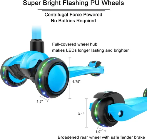 Vista 5 de Allek - Kick Scooter B03. Monopatín de 3 ruedas con ruedas de PU extra anchas y luminosas, sistema Lean 'N Glide, manillar ajustable a cualquier
