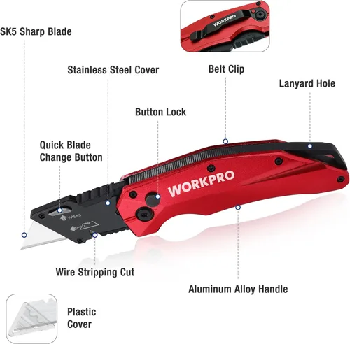 Vista 3 de WORKPRO Cuchillo Utilitario Plegable, Metal Resistente, Cortador de Caja de Bloqueo de Eje de Apertura Rápida, Cuchillo de Hoja de Cambio Rápido, 1