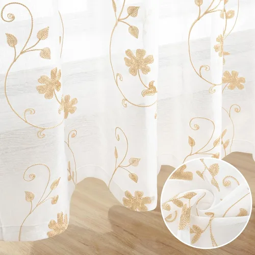 Vista 6 de HOMEIDEAS Cortinas traslúcidas amarillas de 84 pulgadas de largo, 2 paneles de cortinas bordadas con patrón floral amarillo y blanco, cortinas