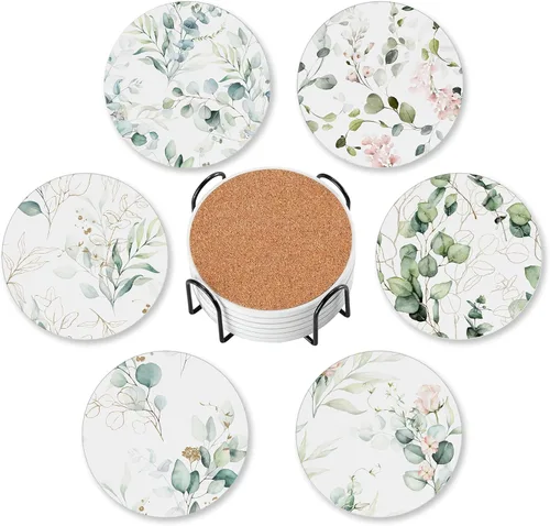 Vista 20 de Posavasos para bebidas absorbentes con soporte, conjuntos florales de William Morris de 6 posavasos duraderos para protección de mesa de café