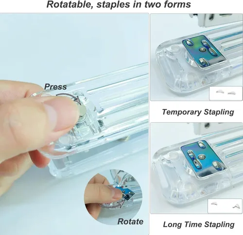 Vista 5 de Engrapadora de escritorio acrílica con 1000 grapas de 26/6, 6 clips de carpeta y 50 clips de papel, kit de accesorios de escritorio para el hogar