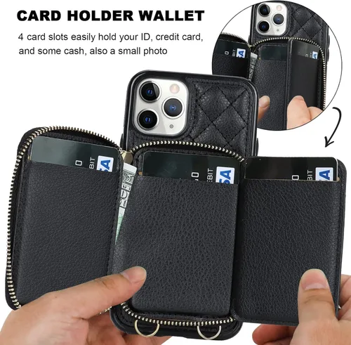 Vista 4 de Bocasal Funda tipo cartera cruzada para iPhone 11 Pro, de piel sintética con bloqueo RFID, con cremallera, funda tipo cartera con función atril