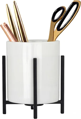 Vista 11 de Vaso de cerámica para escritorio, soporte de lápiz blanco y negro para escritorio, soporte para brochas de maquillaje de escritorio, soporte