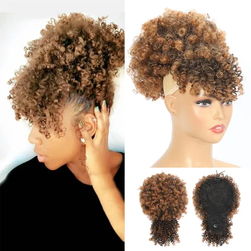 Vista 11 de Extensión de cola de caballo afro rizada Fayasu para mujeres negras, con cordón, cola de caballo con cabello rizado y flequillo, extensión