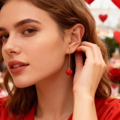 Vista 2 de Aretes de corazón rojo, regalos para el día de San Valentín para ella, aretes de corazón de amor con diamantes de imitación, aretes colgantes de San