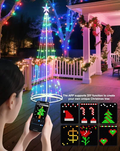 Vista 5 de Paquete de 2 Luces Inteligentes de Árbol de Navidad en Forma de Cono - Árbol Artificial de 5 Pies con 130 LED y 6 Pies con 154 LED con Estrella