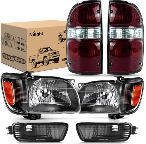 Nilight Combo de faros delanteros y luces traseras para Toyota Tacoma 2001 Carcasa negra + reflector ámbar con luz trasera